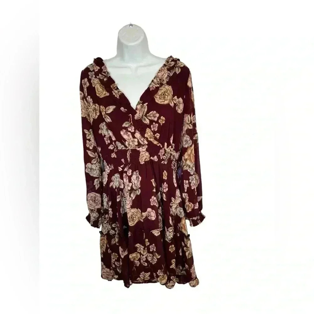 MAURICES Size Large Long Sleeve FLORAL RUFFLE A-LINE DRESS - New with Tags NWT - Picture 2 of 11